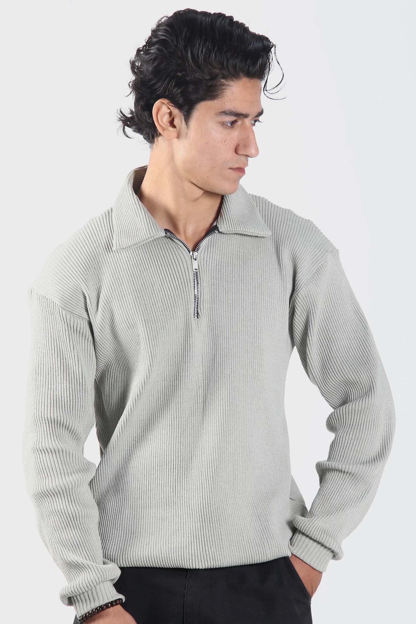 Rib Knitted Zipper Pullover