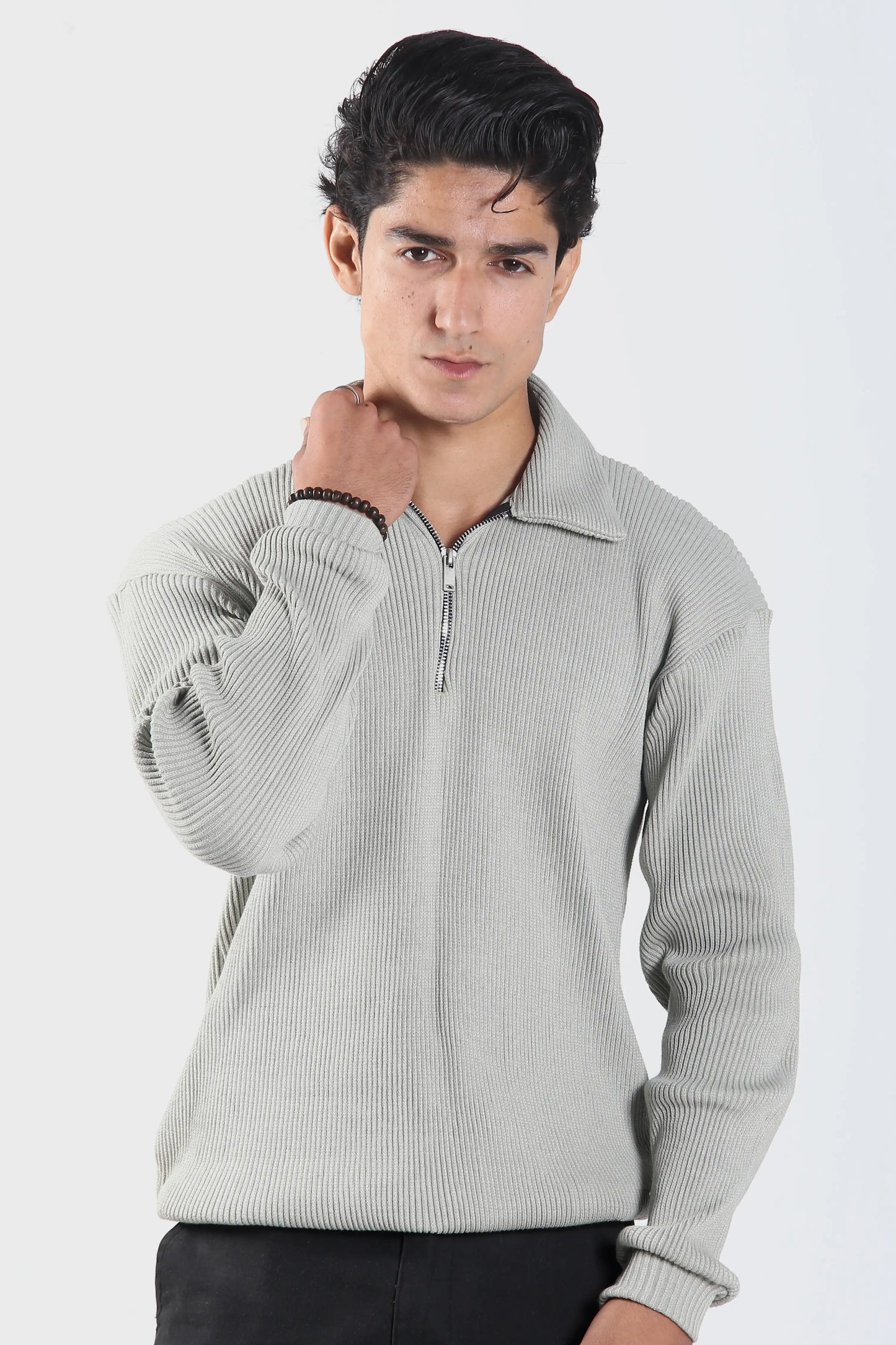 Rib Knitted Zipper Pullover